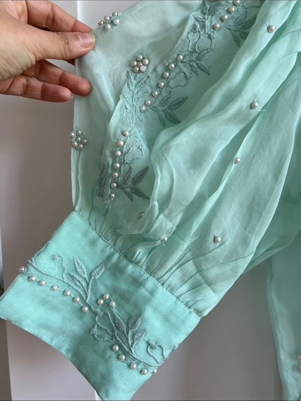 FARM RIO Embellished Mint Green Sheer Blouse with Puff Sleeves Size S